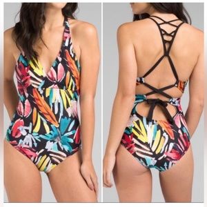 PRANA Atalia One Piece Swimsuit Black Floral Summer Beach Pool - Size Small